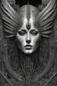 Placeholder: feathers on and with computer chips and a smoke in the background dark a thin line draw ، front view camera, decayed and proportions and imagery. surreal chorror, biomechanical design, by hr giger and beksinski , fine lines draw