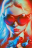 Placeholder: Photo of a beautiful blonde female Terminator, with dark sun glasses, bright red eye, holding a gun upwards, up close, Hollywood movie poster vibes, blue light night time, high contrast dark moody lighting.