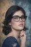 Placeholder: cross-eyed Lucy Hale Elvis Presley hybrid, , 4k UHD, photorealistic, ((big, full, plump, pouty lips:1.5)) black hair, big cat-eye eyeglasses, dark blue foggy gradated marble wall background