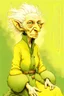 Placeholder: Artist Jean-Baptiste Monge style. A biomorph banana-headed old woman. White eyes. A yellow dotted green furry feathered fluffy dress.