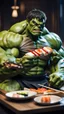 Placeholder: a hulk eating sushi with chopsticks, photo, 8K UHD, police