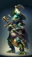 Placeholder: A green turtle dress up like a pirate , tri hat , and outfit , holding a weapon that looks like thors hammer ready for battle