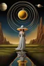 Placeholder: Fantastical sun hat which looks like the planet Saturn with the rings of Saturn making up its brim, black background, surreal, by Michael Cheval, complementary colors, digital art, minimalist