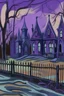 Placeholder: A purple haunted mansion near a graveyard painted by Edvard Munch