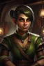 Placeholder: Dungeons and dragons orc young woman. She has green skin. She is kind. She is handsome. She has nice eyes. She has short hair. She is strong. She is in a tavern. She has broad shoulders. She has a large jaw. She wears casual peasant clothes. Realistic style