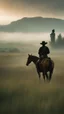 Placeholder: A lonely cowboy in the grassland, a foggy day film in the Wong Kar Wai style, foreground blur, distant view in the style of Wu Chen and George Hopper, Rembrandt lighting, a dark green and yellow color scheme, ethereal light. --ar 13:16 --v 6. 0