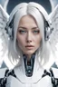 Placeholder: Facing front robot, beautiful woman, white hair, angel,