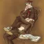 Placeholder: full body shot of calm elf in brown suit reading a pompous book, fantasy character art