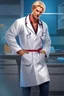 Placeholder: Mid-thirties, Caucasian male doctor, kind smile, blonde hair (slightly disheveled) blonde mustache, pale blue eyes, broad shoulders, muscular, six foot, Hawaiian shirt under white lab coat, bloodstains at the edges of the lab coat. Strong Jaw line, surrounded by shadows, photo realistic