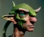 Placeholder: head clamp, equipment headgear, goblin, green skin, witch nose, large pointy ears, clamp screw, stuck on head, illustration, rocky backdrop