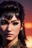 Placeholder: Amazon anime warrior, waist up portrait, 8k resolution, intricate details, ornate details, soft lighting, vibrant colors, retroanime, masterpiece, intricate eyeliner, dark eyeshadow, eyes, wild hair, intricate tattoos