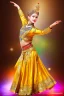 Placeholder: golden artistic statue of a qazaq dancer in folk dance pose in modern art museum dynamic colorful lights