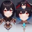 Placeholder: Clear focus,High resolution, black short fluffy hair, long fluffy bangs, and red eyes, Depressed girl, wearing a genshin impact outfit,slight revealing outfit, Smug smile, half closed eyes, smile, full body, Extreme close up, smiling, eyes close