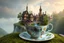 Placeholder: teacup with a english-village with a waterfall in it,medieval fantasy.nature