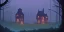 Placeholder: Ruined abandoned overgrown small castle tower in a dense coniferous forest, night, misty, atmospheric, fireflies