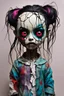 Placeholder: full color, illustration of a dark, menacing, monster girl, as a decayed, broken, crude homemade cloth doll toy, with a narrow cracked porcelain face, thick dark eyebrows, hair made from ragged strips of cloth, in the style of Brom, Alex Pardee, and Masahiro Ito, bold vibrant color