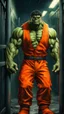 Placeholder: dark aesthetic, a cute hulk wearing an inmate orange jumpsuit outfit in prison, high detail, high-resolution, professional photography, ultra-detail, fantasy art