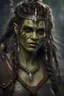 Placeholder: portrait of a female orc warrior. braided hair. wearing ornaments. Carrying a battleaxe. High resolution. 4K. 8K. Fantasy style.