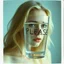 Placeholder: a young sad woman who looks like blond singer Jen H.KA, in a glass of water where is it written "PLEASE", surreal, liminal atmosphere, polaroid