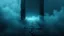 Placeholder: passage over nothingness, surreal, dark and cold abstract artwork dominated by deep blue, icy cyan, charcoal black and muted steel-grey tones. An narrow passageway emerges from an abstract distorted weird landscape, surrounded by thick fog and drifting mist. The space feels nightmare, alien and unsettling, with floating circle and line geometric forms, black onix column architectural fragmented and unnatural perspectives. At the center of the composition cracked stone way over abyss