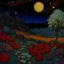 Placeholder: Colourful, peaceful, Max Ernst, Vincent Van Gogh, night sky filled with galaxies and stars, rocks, trees, flowers, one-line drawing, sharp focus, 8k, deep 3d field, ornate