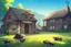 Placeholder: Farm, green grass, house, girl , cow's tail, cow's horne , cow's under