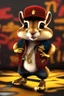 Placeholder: 3d animated hip-hop chipmunk with hat, thick gold chains, graffiti background, earring