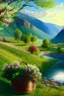 Placeholder: countryside, morning, sun, mountains, green, flowers, clear sky, river, apple tree, basket, sky, grass