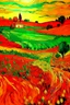 Placeholder: A red farmland with bio life painted by Vincent van Gogh