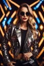 Placeholder: Full body Real photography beautiful woman super model European on fashion style dressing luxury jacket diamonds patterns,sunglasses,turn on music DJ player in disco club