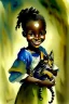 Placeholder: A cute smiling african girl is holding a kitten. Watercolour