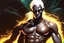 Placeholder: Thin young male Drow wizard wearing a shear tunic, wearing a loin cloth, casting a lightening spell, dark-elf boy with white hair blowing in the wind, glowing tattoos on black skin, strained muscles, wide stance, cave setting with bioluminescent spiders in background, white eyes, fierce grimace, accurate anatomy, hyper realistic, vivid colours