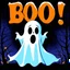 Placeholder: A spooky ghost with bold text above it that spells “ Boo! “