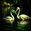 Placeholder: two swans in a romantic lake, dark green and warm yellow color, fantasy atmosphere, photo quality