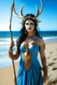 Placeholder: A picture of a blue faced Indian goddess with skin painted blue, wild black hair, deer antlers, elven ears, golden skirt, holding a bow on a sunny beach