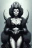 Placeholder: Joan Collins as evil queen in black leather, leather, busty, cleavage, angry, stern look. character design by cory loftis, fenghua zhong, ryohei hase, ismail inceoglu and ruan jia. unreal engine 5, artistic lighting, highly detailed, photorealistic, fantasy