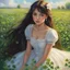 Placeholder: A beautiful girl in a white dress sits surrounded by a field of clover. Masterpiece, best quality, oil pastel style, oil pastel painting, inspired by Thomas Kinkade, beautiful details, painted by Willem Haenraets, high quality, 4k