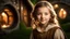 Placeholder: little young hobbit girl, beautiful, confident, calm, wise, happy, innocent, facing camera, head and shoulders, hobbit clothing, perfect eyes, LOTR village, hobbit homes with circular windows and round doors, night scene, stars, fireflies, 16k artistic photography, exquisite composition, photorealistic concept art, soft natural volumetric light, chiaroscuro, award-winning photograph, masterpiece, style William-Adolphe Bouguereau