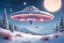 Placeholder: In the foreground they are delicate and very small pink and yellow flowers. In a snowy and magical landscape with , a magnificent spaceship flies.The flying saucer has soft and round shapes. It is silver and blue , very bright and sweet, and very refined with small portholes and lots of lights . The sky is dark blue with a crescent moon and stars. There are a lot of fir trees with snow. There is a frozen lake of turquoise water.. There are sparks of light everywhere.