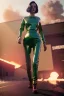 Placeholder: retro sci-fi image from 1960, supermarket explosions, fire, people running, sweet young woman walking, tight latex suit, weapon, soft color, highly detailed, unreal engine 5, ray tracing, RTX, lumen lighting, ultra detail, volumetric lighting, 3d, finely drawn, high definition, high resolution.