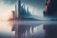 Placeholder: distant modern city, sea, mist, rocks, lake reflection, epic, sci-fi, movie poster