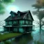 Placeholder: Abandoned house, overgrown, partially submerged,Interior, water inside