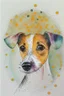 Placeholder: abstract watercolour of a jack Russell dog’s head in the style of Valerie Davide with bifurcated circles and thin pencil lines