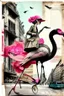 Placeholder: the woman rides on the back of a flamingo in the city center with a huge shopping bag, collage, stamp, old newsprint, pen, dry flower, ink, bizarre