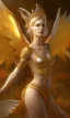 Placeholder: Female angel with beautiful face big wings and golden crown floating above the ground in the dark enviroment, michelangelo style, detailed, world of warcraft style, dark forest, trees, lightferry