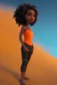 Placeholder: 3D render of a cyberpunk tribal young black woman, black hair, ragged shirt, on a orange dune background, digital art