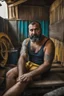 Placeholder: close up shot photography of a 49-year-old turkish chubby heavyset tattoo very hairy sweaty worker sitting spread-legged in an old sofa inside a construction site shed, big shoulders, dressed in bulging shorts, shirtless, stubble, big manly legs, hairy chest, serious eyes, midnight, dim neon lights illuminating and shine on the beards of sweat that fill his large chest, photorealistic , ambient occlusion