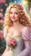 Placeholder: Adorable digital painting of a beautiful girl in a gorgeous elegant wedding dress, portrait of Princess Aurora, sparkling crown, front view, beautiful smile, shiny golden curly hair, angel eyes, beautiful face, rosy cheeks, pink lips, Aurora's face, digital art, surrounded by garden and roses in the background, romantic style, dream world, high quality, 4k