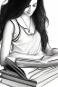 Placeholder: Pencil sketch of Young woman, Arab features, long wavy hair, reading a book, full body، on lined paper