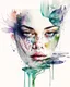 Placeholder: a hand-drawn watercolor painting of a woman's face with waterlily warped around the face like a snake, with a splash of mixed colors on a white background, sharp detail